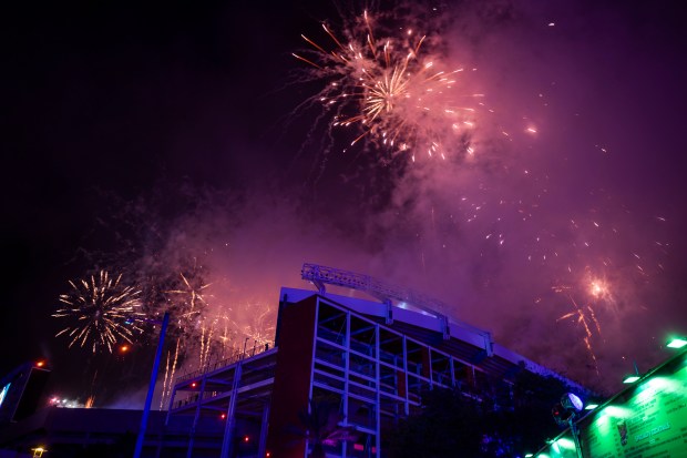 A fireworks and drone show concludes the final night of...