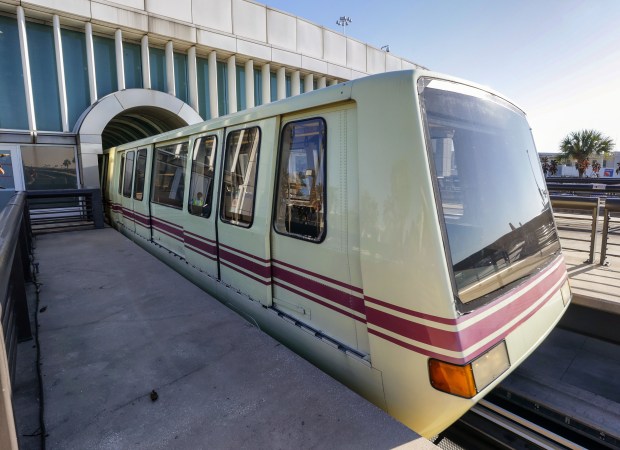A 25-year-old Bombardier CX-100 tram arrives at Airside 2 at...