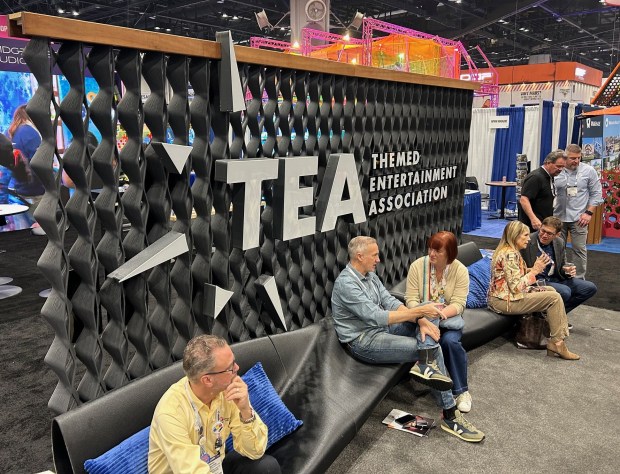 At the 2025 IAAPA Expo, the Themed Entertainment Association's booth include furniture -- including a couch, room divider and desk -- generated by 3-D printing. The job was completed by Orlando-based MassiveMAKE, The expos trade floor is found annually in the Orange County Convention Center. (Dewayne Bevil/Orlando Sentinel)
