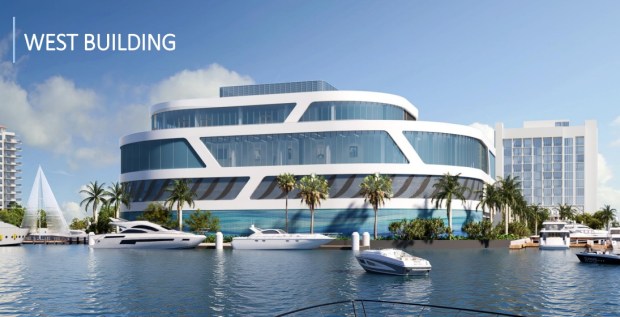 An artist's rendering shows a new International Swimming Hall of Fame building just west of Fort Lauderdale's dive tower. (Architectonica/Courtesy)
