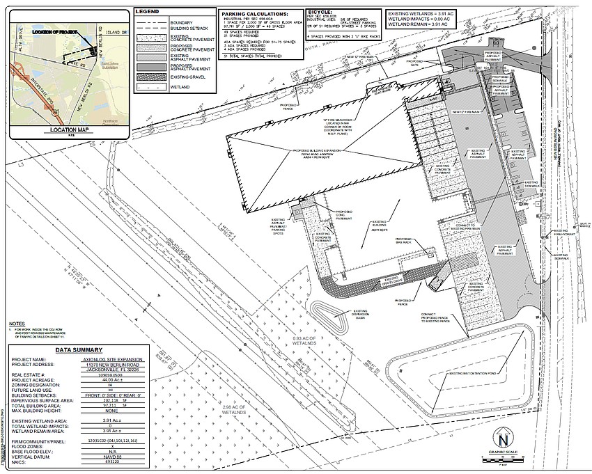 The Axionlog site plan shows a 59,336-square-foot expansion north of its current building with additional pavement and site work. The North Jacksonville facility is at 11370 New Berlin Road. The Axionlog site plan shows a 59,336-square-foot expansion north of its current building with additional pavement and site work. The North Jacksonville facility is at 11370 New Berlin Road.