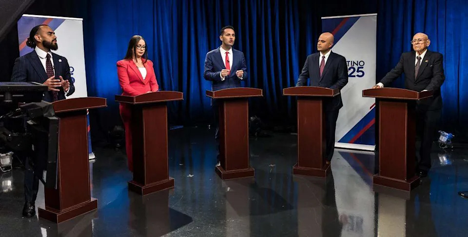 Hialeah mayoral candidates, from left Marc Anthony Salvat, Interim Mayor Jackie Garcia-Roves, former Councilman Bryan Calvo, councilman Jesus Tundidor and Bernardino "Benny" Rodriguez, during a mayoral debate at Univision 23 ahead of the Nov. 4 elections, in Doral, on Oct. 15, 2025.