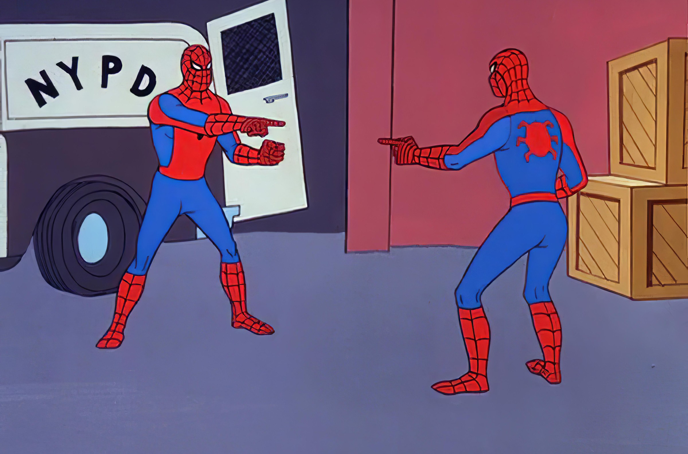 The “Spiderman Meme.” Two identical Spidermans point and stare at each other in disbelief.