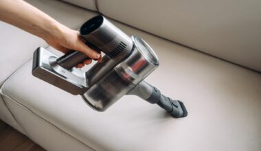 photo showing woman's arm grasping a handheld vacuum cleaner as if cleaning an off-white couch