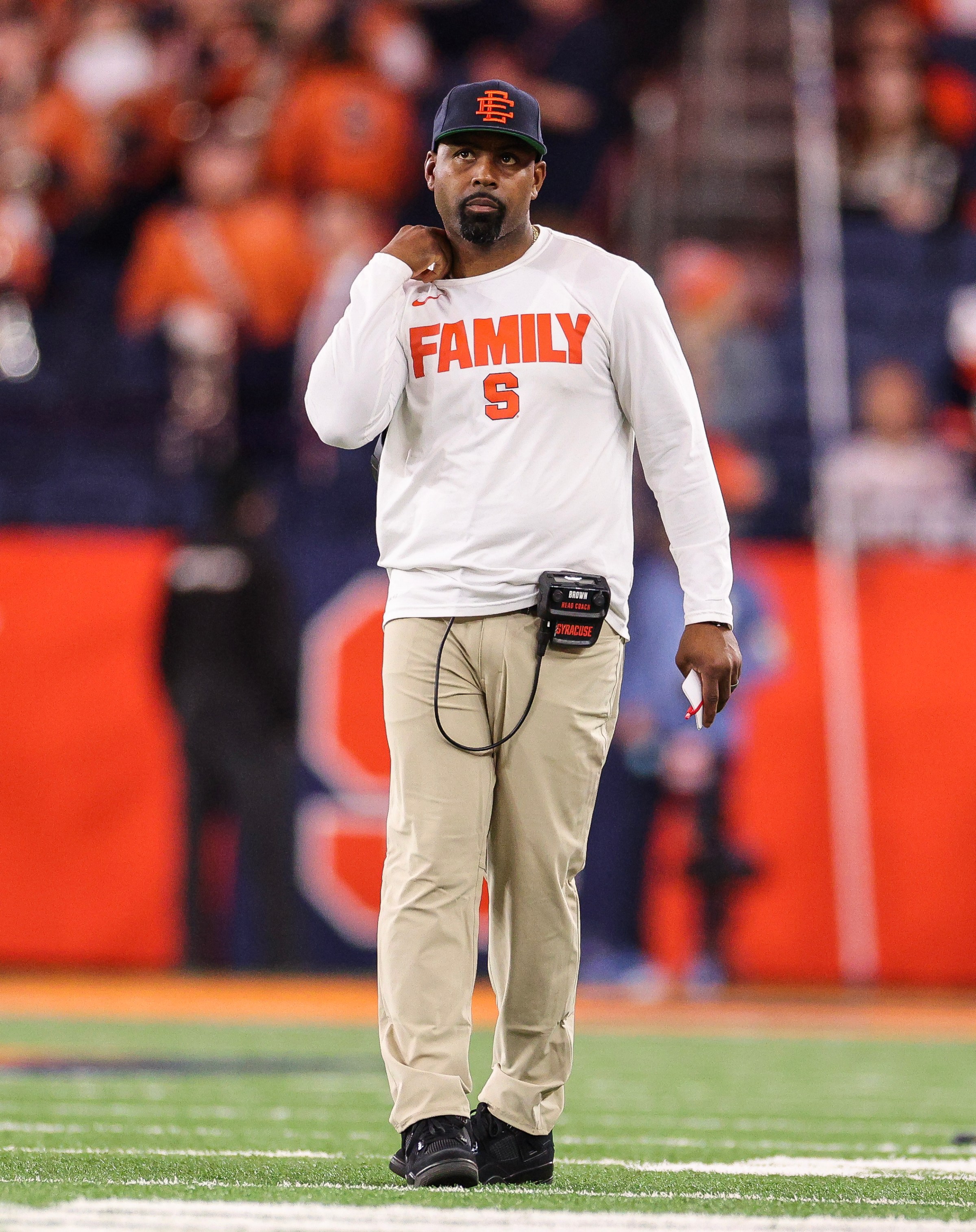 SYRACUSE, NEW YORK - OCTOBER 31: Head coach Fran Brown of the Syracuse Orange looks on during the fourth quarter of a game against the North Carolina Tar Heels at JMA Wireless Dome on October 31, 2025 in Syracuse, New York. (Photo by Bryan Bennett/Getty Images)