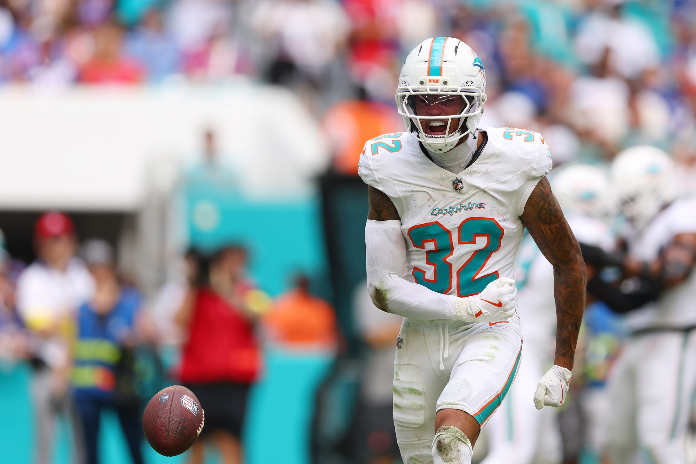MIAMI GARDENS, FLORIDA - NOVEMBER 09: JuJu Brents #32 of the Miami Dolphins reacts after a play against the Buffalo Bills during the first quarter in the game at Hard Rock Stadium on November 09, 2025 in Miami Gardens, Florida. (Photo by Megan Briggs/Getty Images)