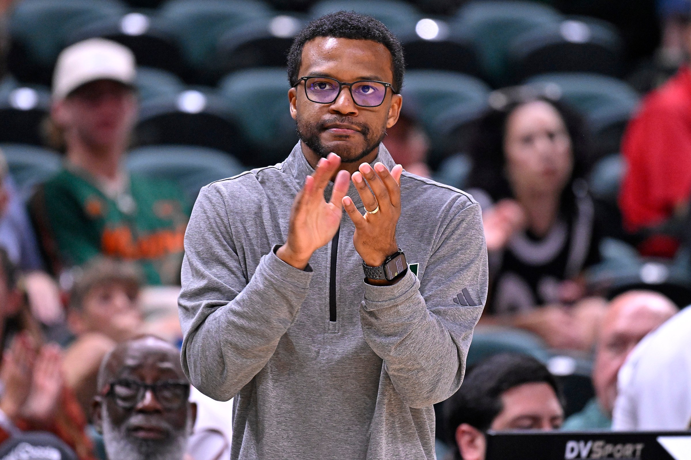 CORAL GABLES, FL - NOVEMBER 23: Miami Head Coach Jai Lucas encourages his players in the second half as the Miami Hurricanes faced the Delaware State Hornets on November 23, 2025, at the Watsco Center in Coral Gables, Florida. (Photo by Samuel Lewis/Icon Sportswire via Getty Images)