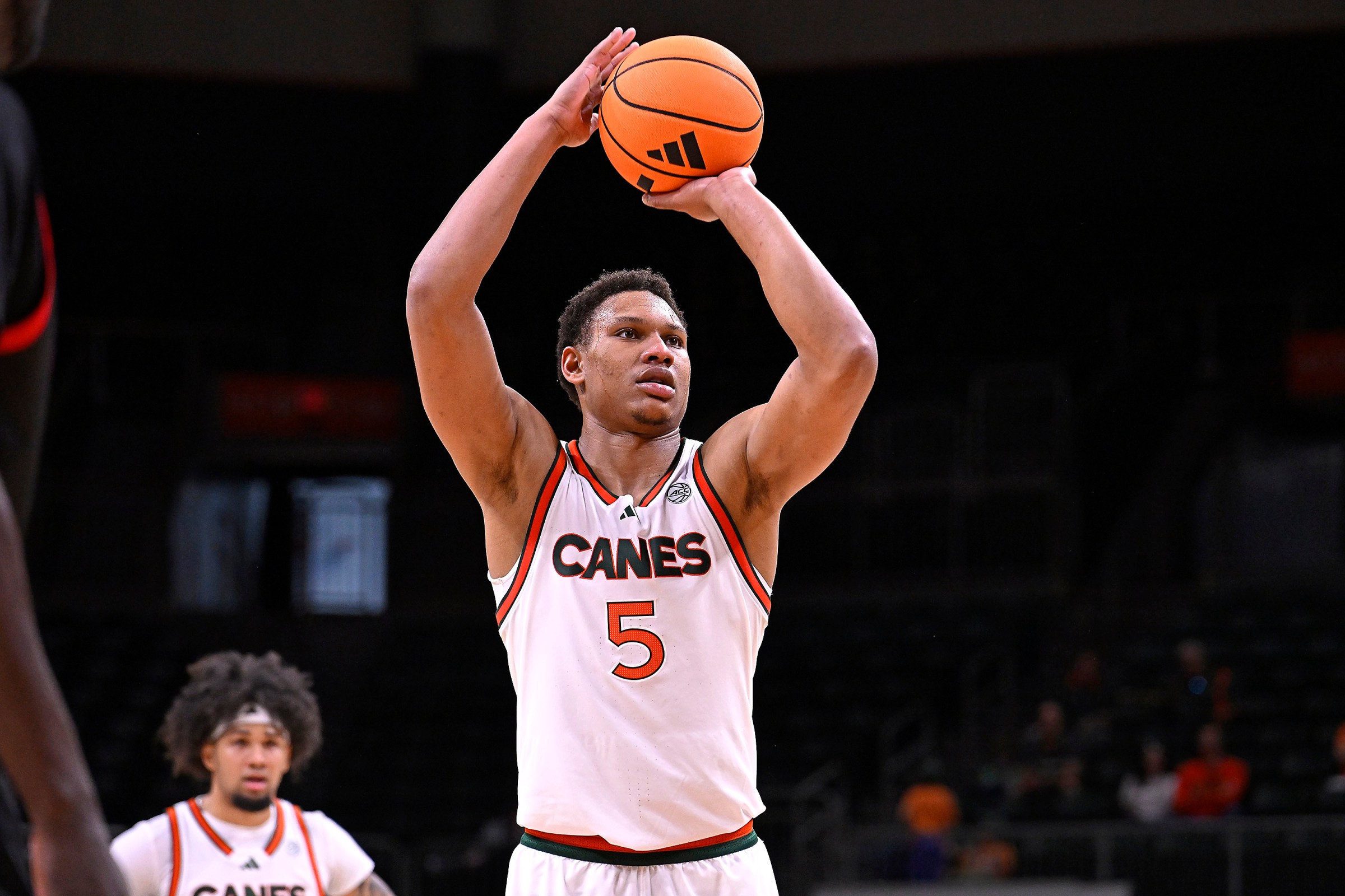 CORAL GABLES, FL - NOVEMBER 23: Miami forward Malik Reneau (5) shoots free throws in the first half as the Miami Hurricanes faced the Delaware State Hornets on November 23, 2025, at the Watsco Center in Coral Gables, Florida. (Photo by Samuel Lewis/Icon Sportswire via Getty Images)