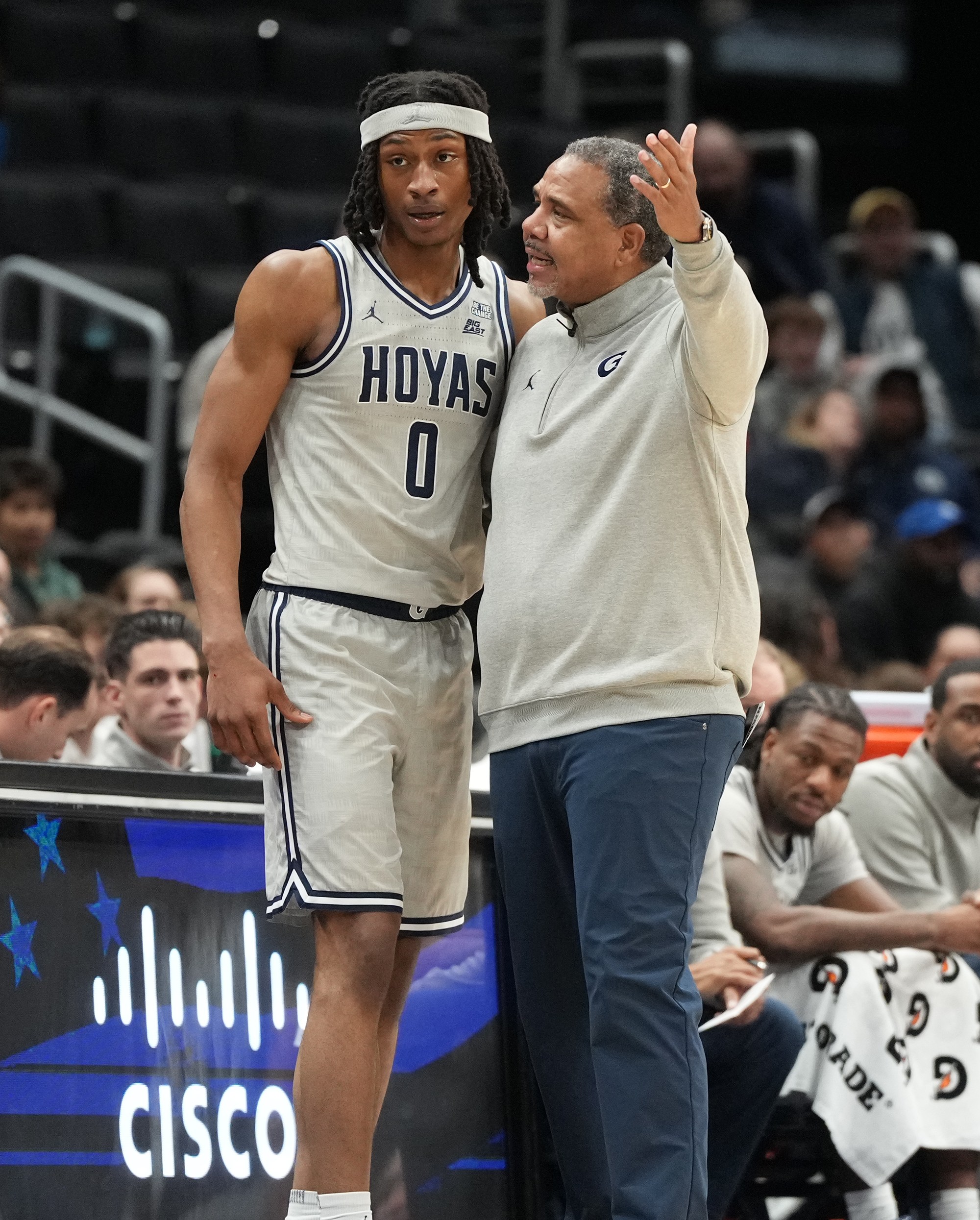 WASHINGTON, DC - NOVEMBER 22: Head coach Ed Cooley of the Georgetown Hoyas talks to Jayden Fort #0 in the second half during a college basketball game against the Wagner Seahawks at Capital One Arena on November 22, 2025 in Washington, DC. (Photo by Mitchell Layton/Getty Images)