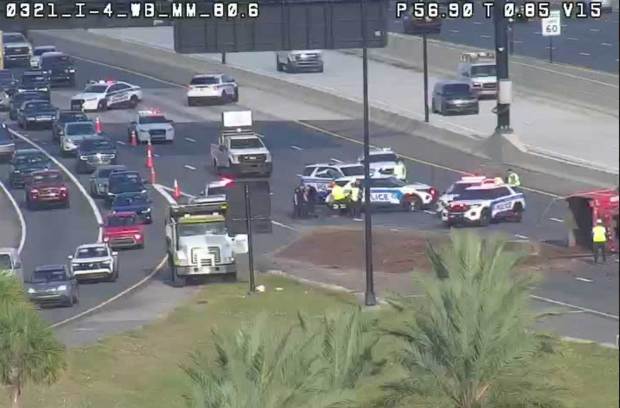 Traffic is diverted off I-4 westbound at mile marker 80 onto U.S. Hwy 441 on Monday afternoon, Nov. 24, 2025. (FL511)