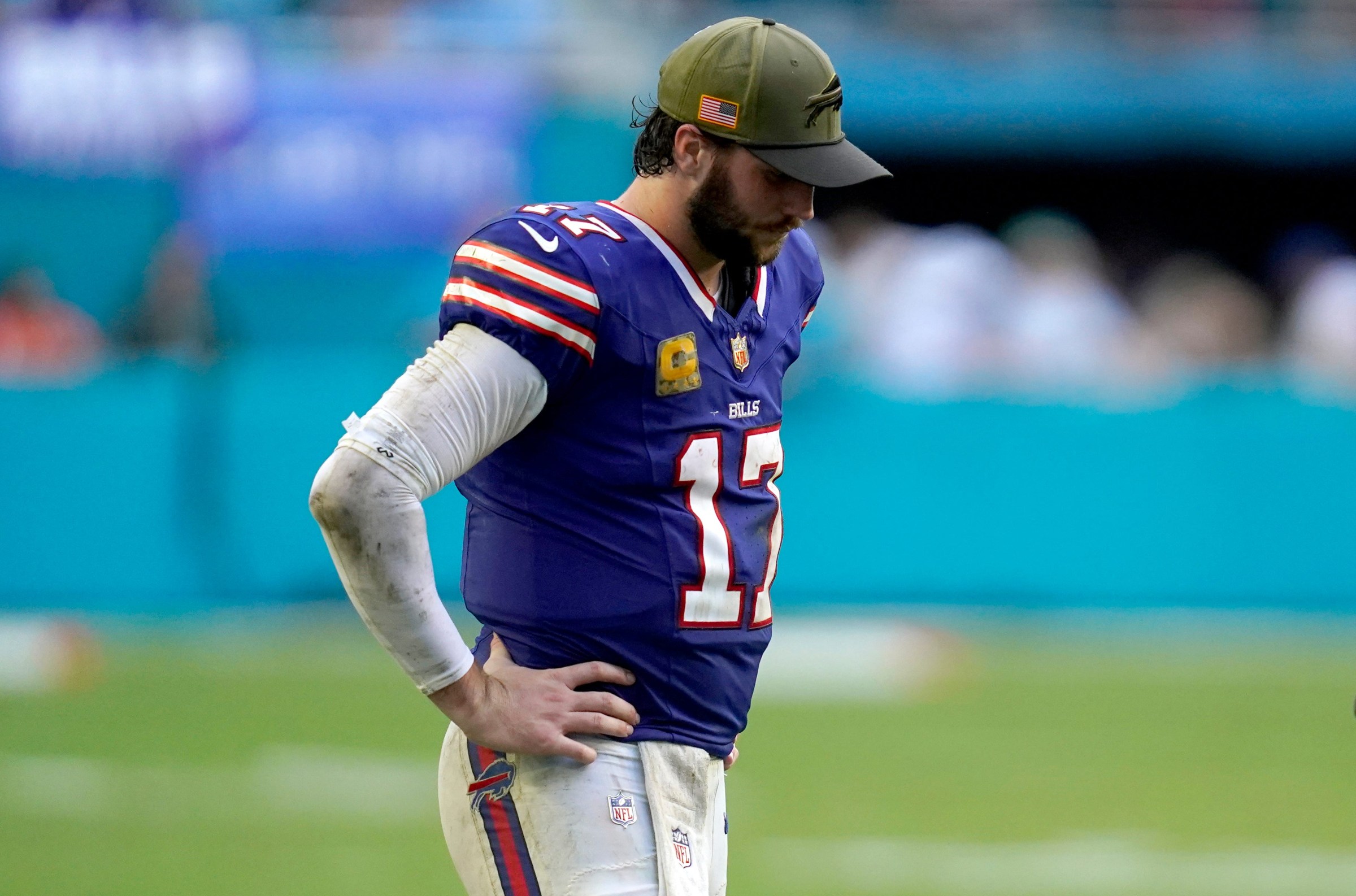 Nov 9, 2025; Miami Gardens, Florida, USA; Buffalo Bills quarterback Josh Allen (17) reacts during the second half against the Miami Dolphins at Hard Rock Stadium. Mandatory Credit: Jeff Romance-Imagn Images
