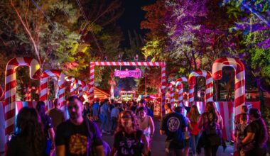 Photo of people walking down a thoroughfare at a holiday park. Life-sized candy canes stand on both sides of the walkway,