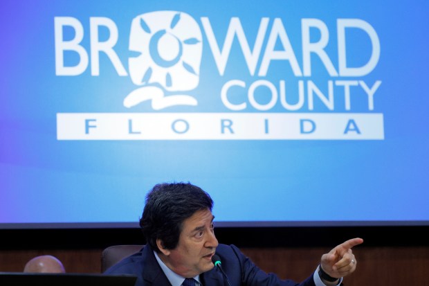 Broward County Mayor Mark Bogen speaks after being sworn-in at the Broward County Government Center in Fort Lauderdale on Tuesday, Nov. 18, 2025. He took office promising to continue emphasizing public health as one of his priorities. (Amy Beth Bennett / South Florida Sun Sentinel)