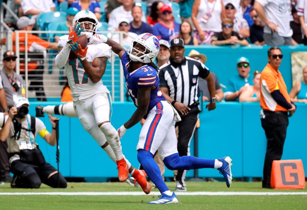 Miami Dolphins wide receiver Jaylen Waddle catches a touchdown over...