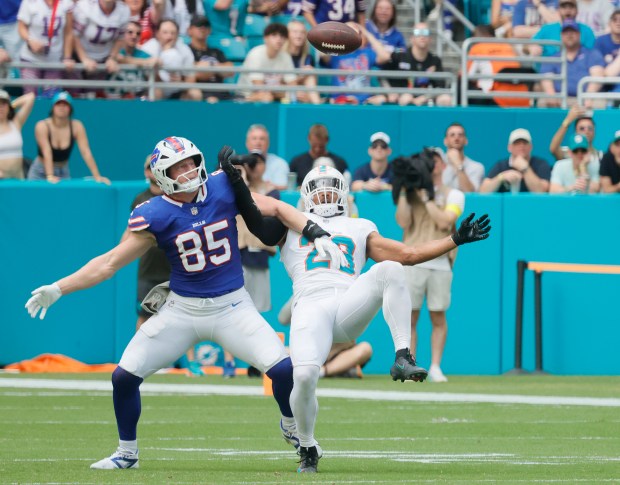 Miami Dolphins cornerback Jack Jones breaks up a first down...