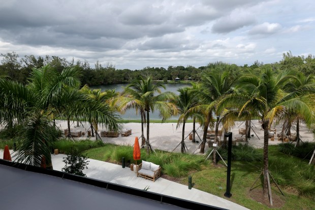 The Fort, Fort Lauderdale's new pickleball complex at Snyder Park, includes a beach area around the lake, shown on Nov. 6. (Mike Stocker/South Florida Sun Sentinel)