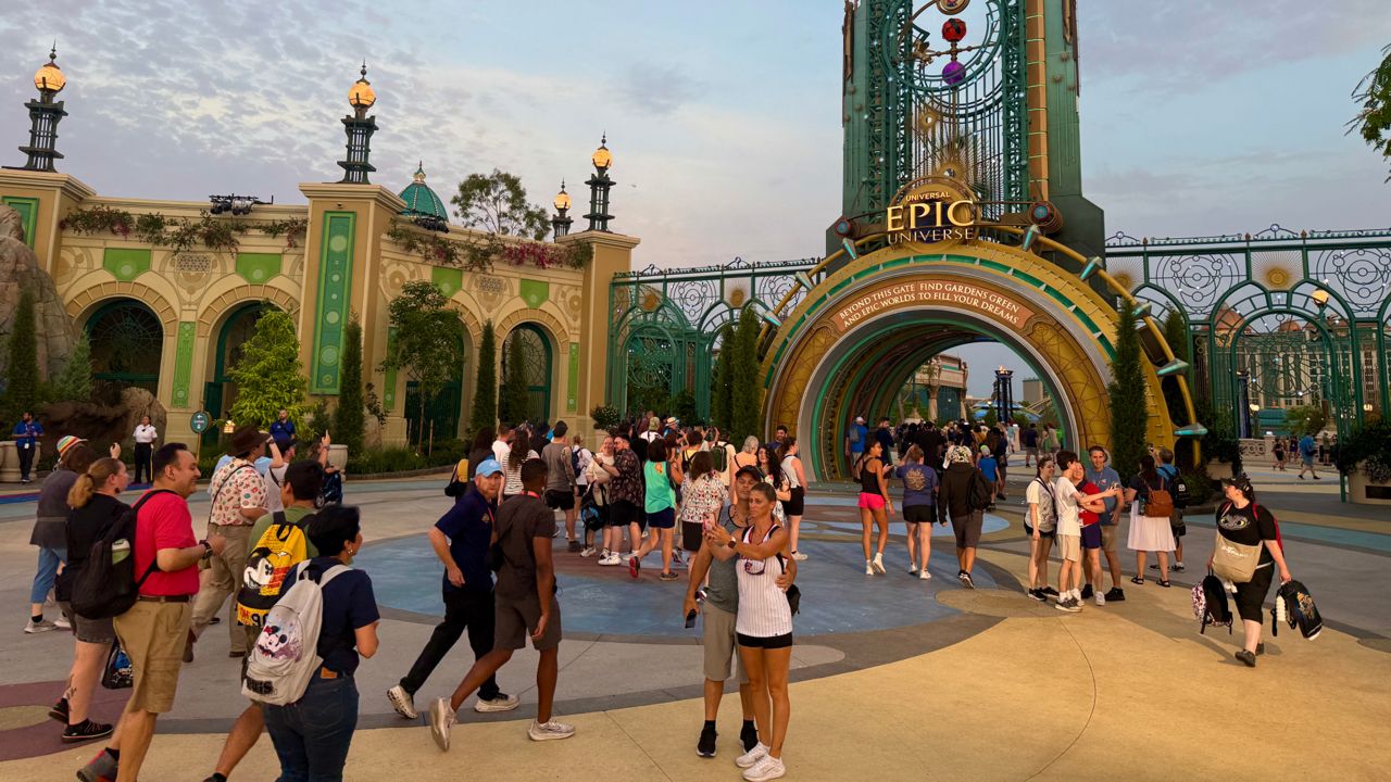 The Chronos Portal stands at the entrance of Epic Universe, Universal Orlando's fourth theme park. (Spectrum News/Anna Wronka)
