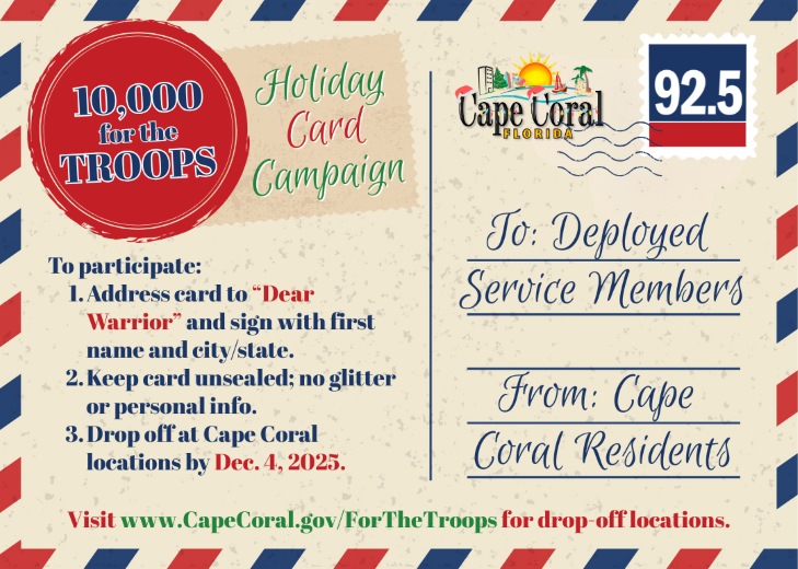 REMINDER: City of Cape Coral Participates in ﻿“10,000 for the Troops” Holiday Card Campaign