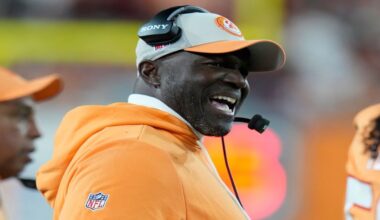 Tampa Bay Buccaneers head coach Todd Bowles speaks on the sidelines during the first half of an NFL football game against the Atlanta Falcons, Thursday, Dec. 11, 2025, in Tampa, Fla. (AP Photo/Chris O'Meara)