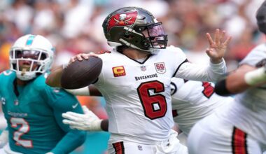 Tampa Bay Buccaneers quarterback Baker Mayfield (6) throws a pass against the Miami Dolphins during the first half of an NFL football game Sunday, Dec. 28, 2025, in Miami Gardens, Fla. (AP Photo/Rebecca Blackwell)