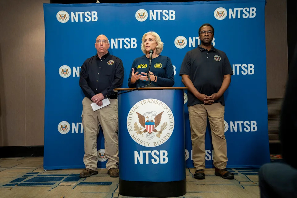 Jennifer Homendy (center), Chair of the National Transportation Safety Board, speaks at a press conference on Mar 27, 2024 with lead investigator Marcel Muise (left) and NTSB member Alvin Brown, to give updates on the investigation into the crash of a container ship into the Francis Scott Key Bridge in Baltimore. The Francis Scott Key Bridge, a major span over the Patapsco River in Baltimore, collapsed after it was struck by a large container ship, prompting a massive emergency response for multiple people in the water.