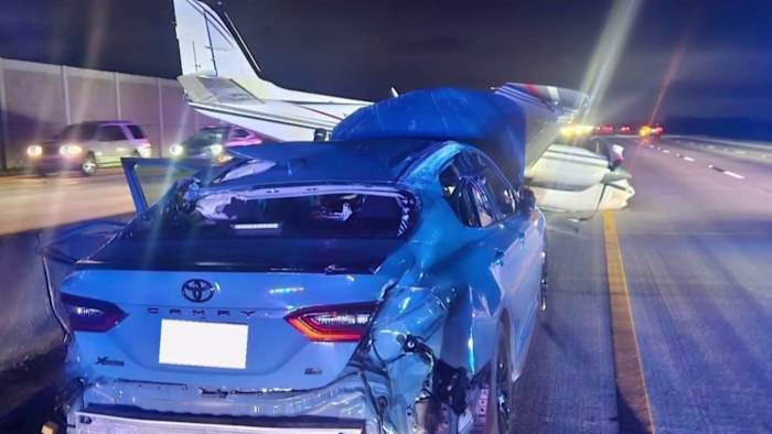 Motorist injured when plane strikes car during crash-landing on I-95 in Brevard, officials say