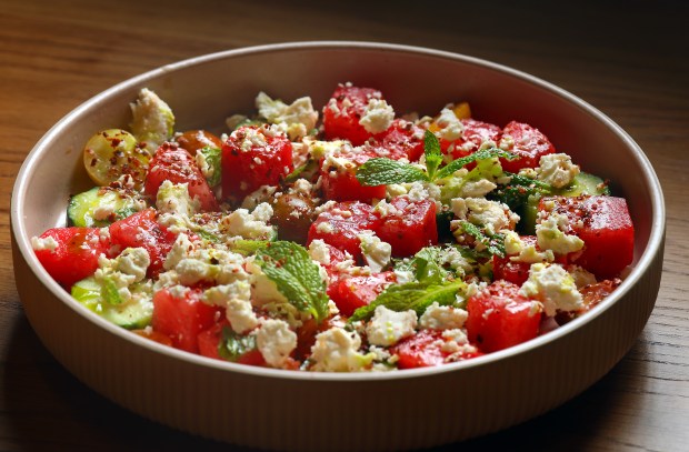 The Watermelon + Feta salad, with chilled summer melon, French feta cheese, cucumber, Aleppo pepper, mint, and EVOO, at the Florida Room restaurant at The Fort pickleball complex in Snyder Park, Thursday, Nov. 20, 2025. (Mike Stocker/South Florida Sun Sentinel)
