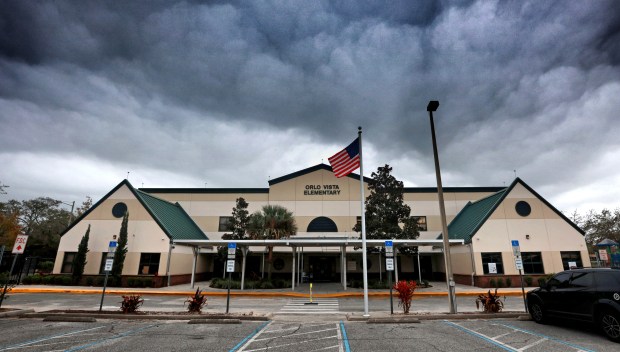 Orlo Vista Elementary School, off of Kirkman Road in Orlando, photographed under stormy skies Thursday, January 5, 2023. Orlo Vista is one of seven schools that could close this year, according to Orange County Public Schools. (Joe Burbank/Orlando Sentinel)