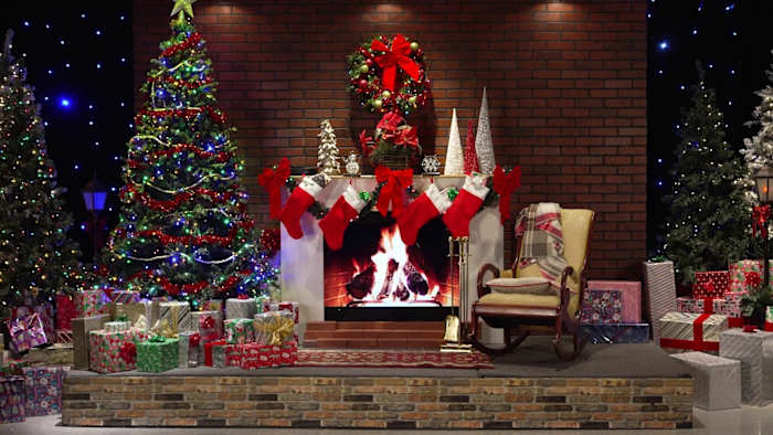 Cozy crackling fireplace, Christmas classics, Florida holiday fun