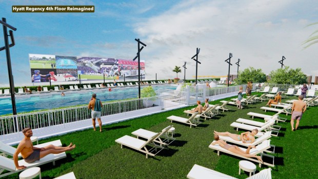 The pool and deck on the fourth floor are being upgraded to create a premium outdoor event space with a 30-foot-wide digital TV screen. (Courtesy of RIDA Development)