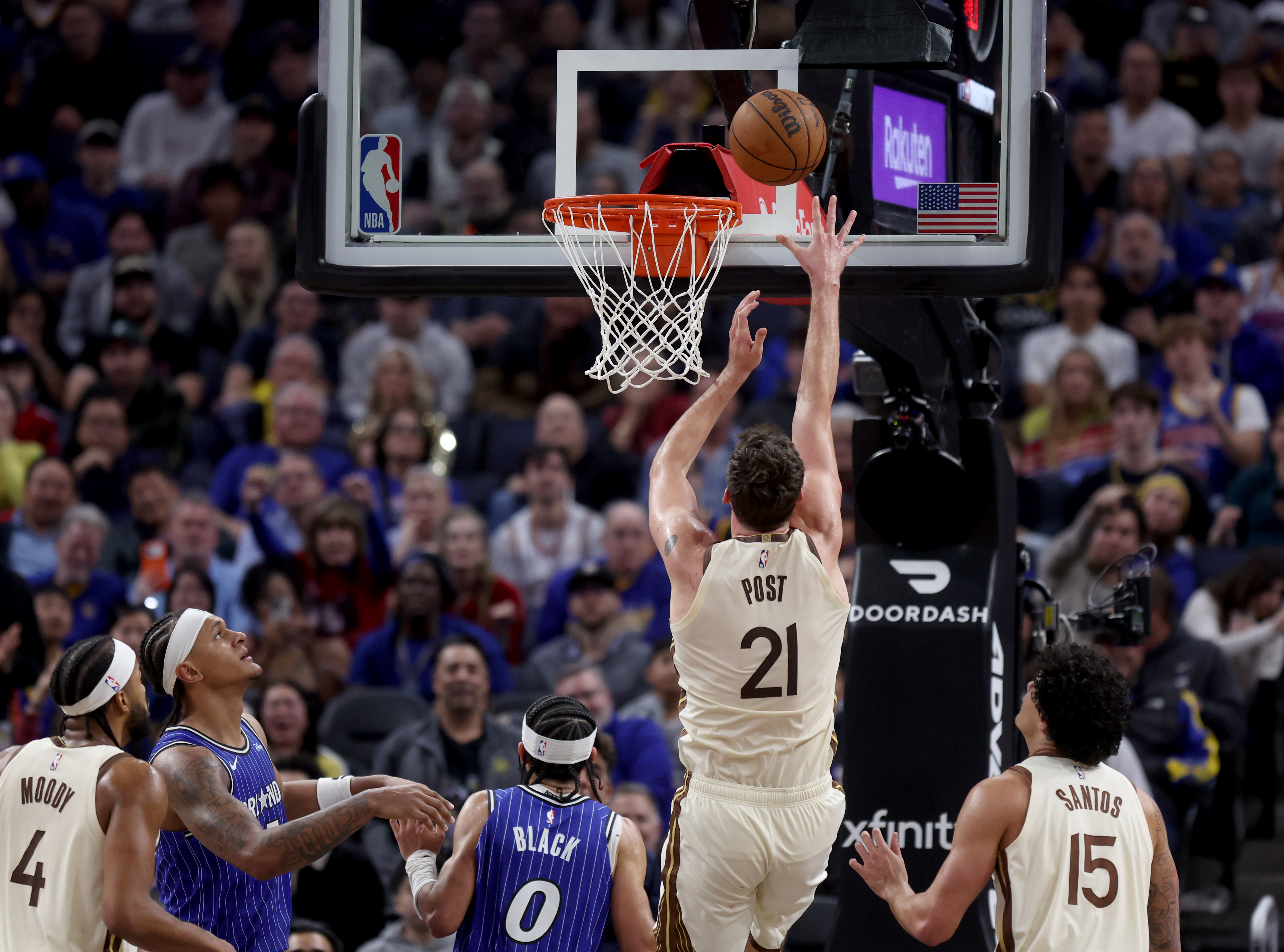 Golden State Warriors’ Quinten Post #21 makes a basket in...