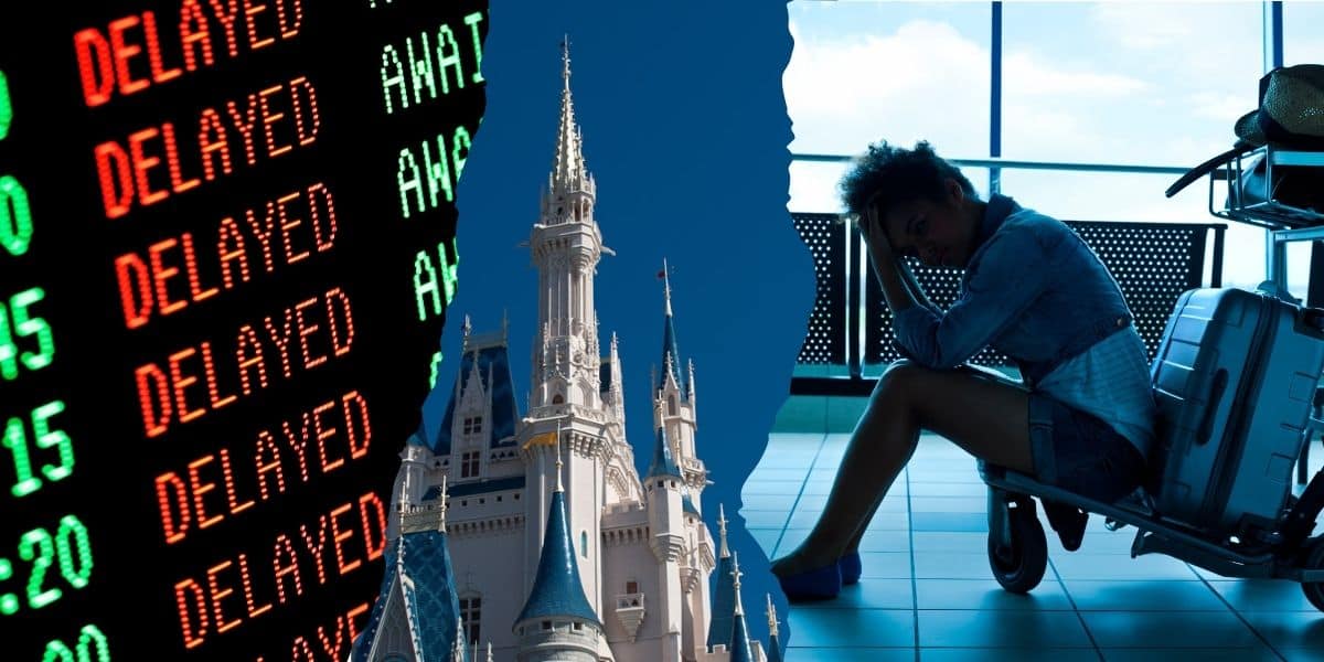 A person sits at an airport, looking distressed, leaning on luggage. One side shows a flight board displaying "DELAYED" multiple times. There is also an image of the Cinderella castle at Disney World travel, suggesting a disrupted trip to a Disney World travel theme park.