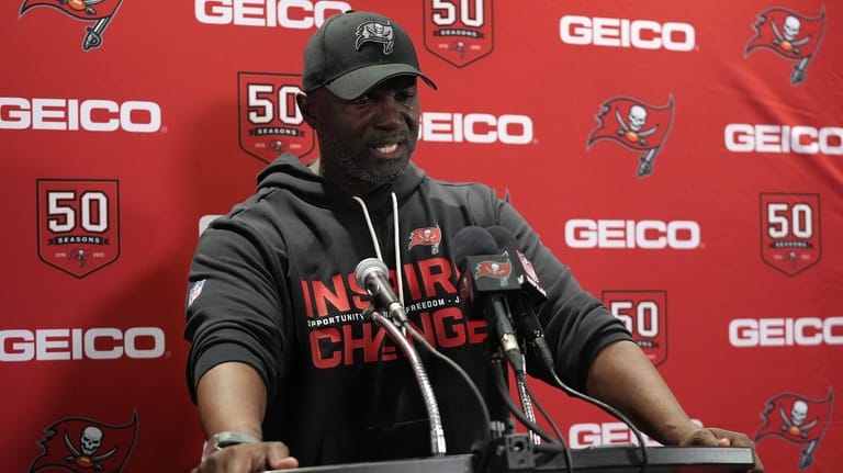 Tampa Bay Buccaneers head coach Todd Bowles speaks during a...