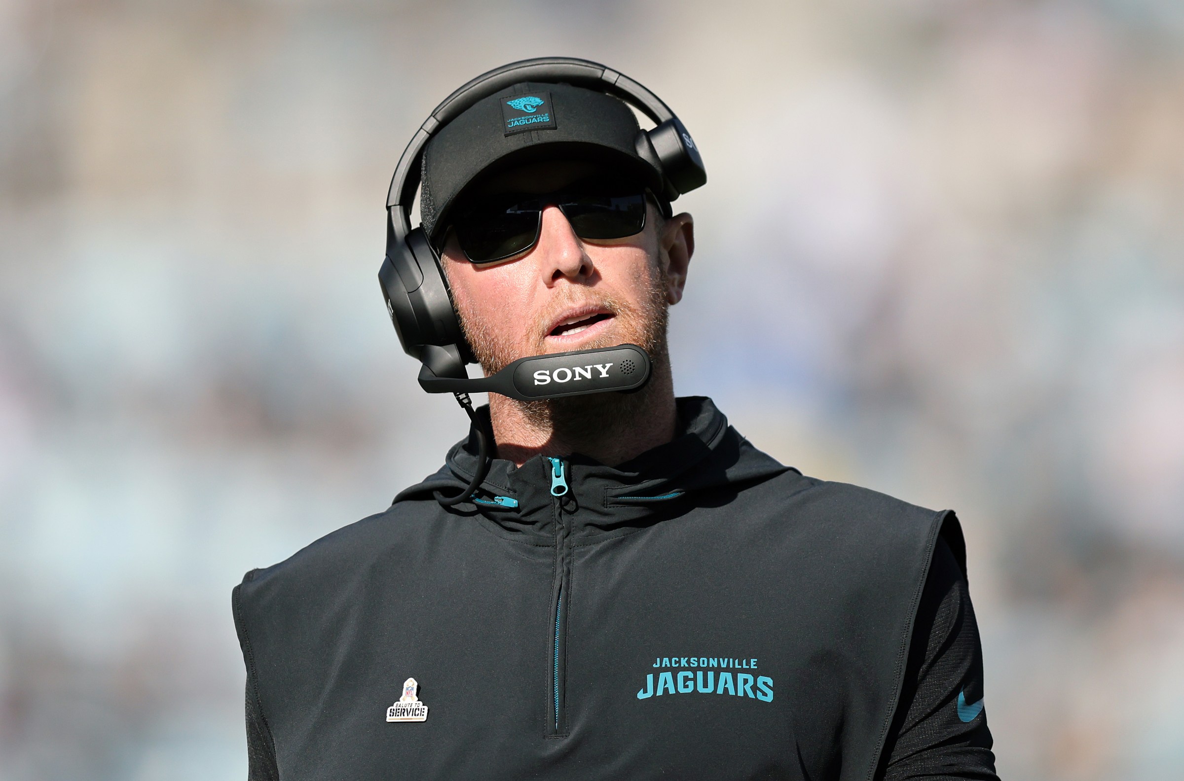 JACKSONVILLE, FLORIDA - NOVEMBER 16: Head coach Liam Coen of the Jacksonville Jaguars looks on during a game against the Los Angeles Chargers at EverBank Stadium on November 16, 2025 in Jacksonville, Florida. (Photo by Mike Carlson/Getty Images)