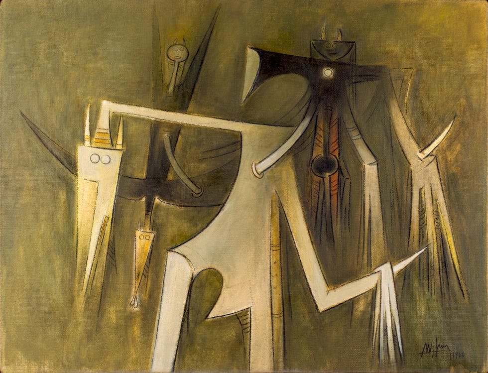 Abstract depiction of figures with elongated limbs and stylized features.