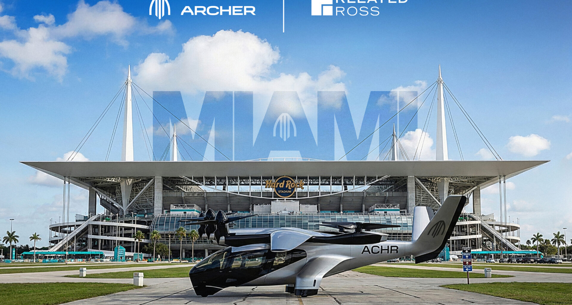 Archer Midnight electric air taxi in front of Hard Rock Stadium