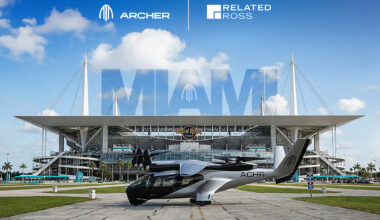 Archer Midnight electric air taxi in front of Hard Rock Stadium