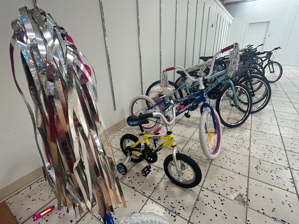 Bicycles and tricycles line the warehouse floor at the Christmas Connection.