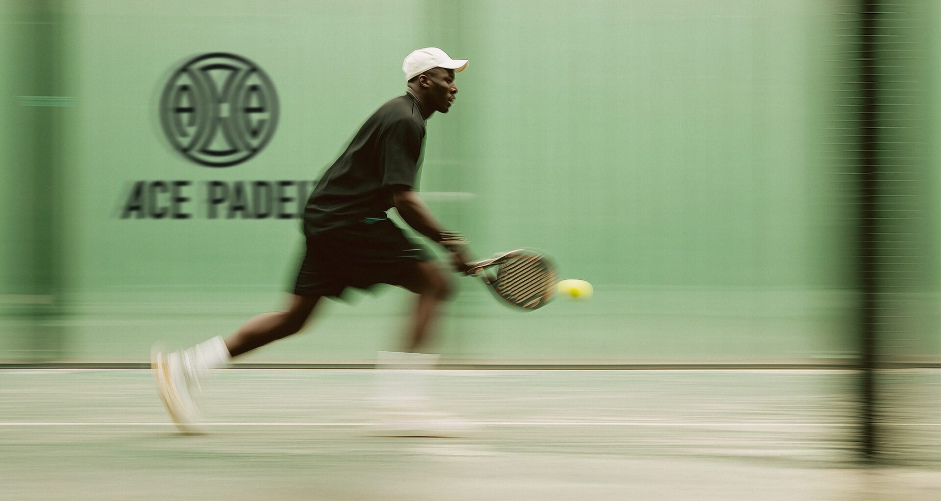 Photo of a man playing padel inside a room with green walls. A sign on the wall reads, "Ace Padel"