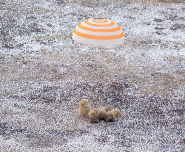 The Soyuz MS-27 spacecraft is seen as it lands in a remote area near the town of Zhezkazgan, Kazakhstan with Expedition 73 NASA astronaut Jonny Kim, and Roscosmos cosmonauts Sergey Ryzhikov, and Alexey Zubritsky aboard, Tuesday, Dec. 9, 2025. The trio are returning to Earth after logging 245 days in space as members of Expeditions 72 and 73 aboard the International Space Station. (Bill Ingalls/NASA)