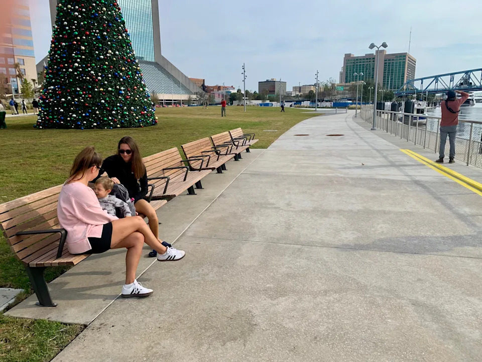 A newly built section of the Northbank Riverwalk has benches where people can stroll and sit at the edge of the St. Johns River in Riverfront Plaza. The first phase of the new park opened Dec. 5, 2025.