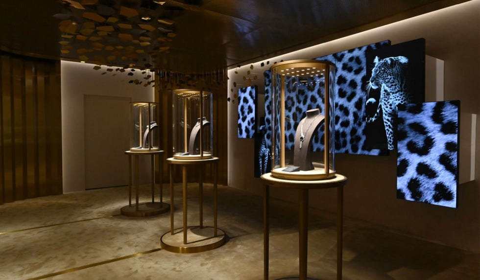 Jewelry display in a luxury store with leopard-themed visuals. Jewelry display in a luxury store with leopard-themed visuals.