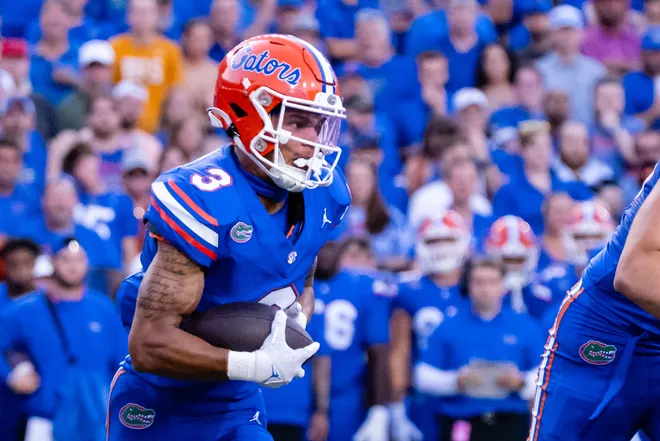 Sep 16, 2023; Gainesville, Florida, USA; Florida Gators wide receiver Eugene Wilson III (3) runs with the ball during the first half between the Florida Gators and Tennessee Volunteers at Ben Hill Griffin Stadium. Mandatory Credit: Chris Watkins-USA TODAY Sports