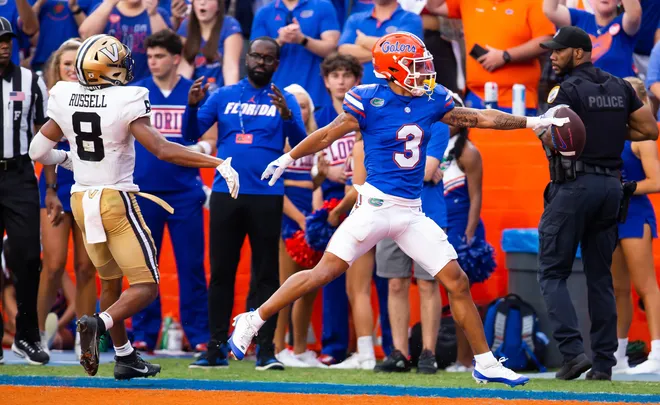 Florida Gators wide receiver Eugene Wilson III (3) scores in the second half against Vanderbilt at Steve Spurrier Field at Ben Hill Griffin Stadium in Gainesville, FL on Saturday, October 7, 2023. [Doug Engle/Gainesville Sun]
