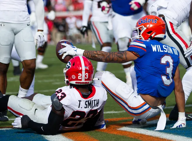 Florida Gators wide receiver Eugene Wilson III (3) scores a touchdown against the Bulldogs at Everbank Stadium in Jacksonville, FL on Saturday, October 28, 2023. [Doug Engle/Gainesville Sun]