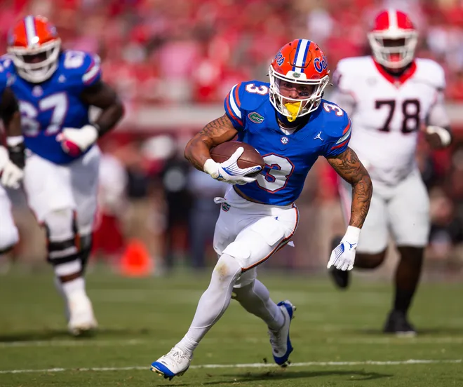 Florida Gators wide receiver Eugene Wilson III (3) runs for the end zone for a first quarter touchdown against the Georgia Bulldogs at Everbank Stadium in Jacksonville, FL on Saturday, October 28, 2023. [Doug Engle/Gainesville Sun]
