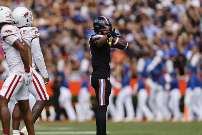 Florida Gators wide receiver Eugene Wilson III (3) celebrates a first down against the Arkansas Razorbacks at Steve Spurrier Field at Ben Hill Griffin Stadium in Gainesville, FL on Saturday, November 4, 2023. [Matt Stamey/Gainesville Sun]