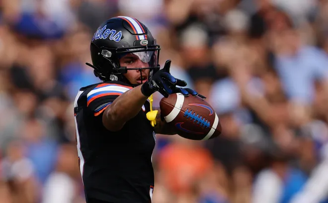 Florida Gators wide receiver Eugene Wilson III (3) celebrates a first down against the Arkansas Razorbacks at Steve Spurrier Field at Ben Hill Griffin Stadium in Gainesville, FL on Saturday, November 4, 2023. [Matt Stamey/Gainesville Sun]