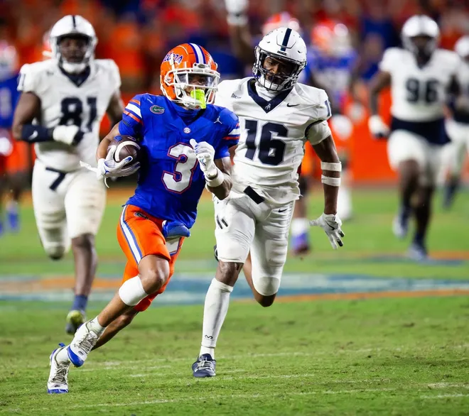 Florida Gators wide receiver Eugene Wilson III (3) runs for a touchdown during the second half to make it 38-7 after the extra point at Ben Hill Griffin Stadium in Gainesville, FL on Saturday, September 7, 2024 against the Samford Bulldogs. The Florida Gators won 45-7 over the Bulldogs. [Doug Engle/Gainesville Sun]