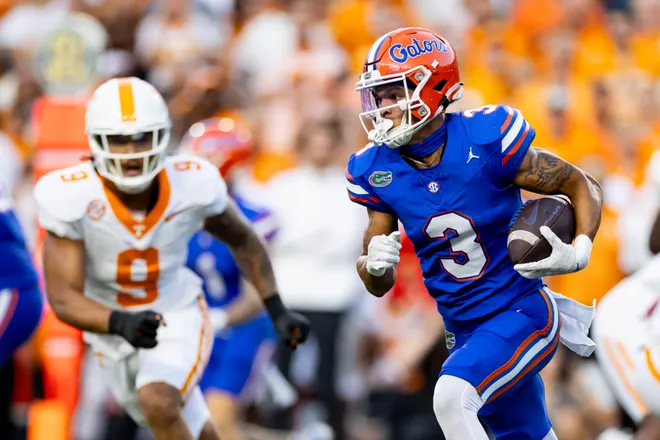 Sep 16, 2023; Gainesville, Florida, USA; Florida Gators wide receiver Eugene Wilson III (3) runs with the ball during the first half against the Tennessee Volunteers at Ben Hill Griffin Stadium. Mandatory Credit: Matt Pendleton-USA TODAY Sports